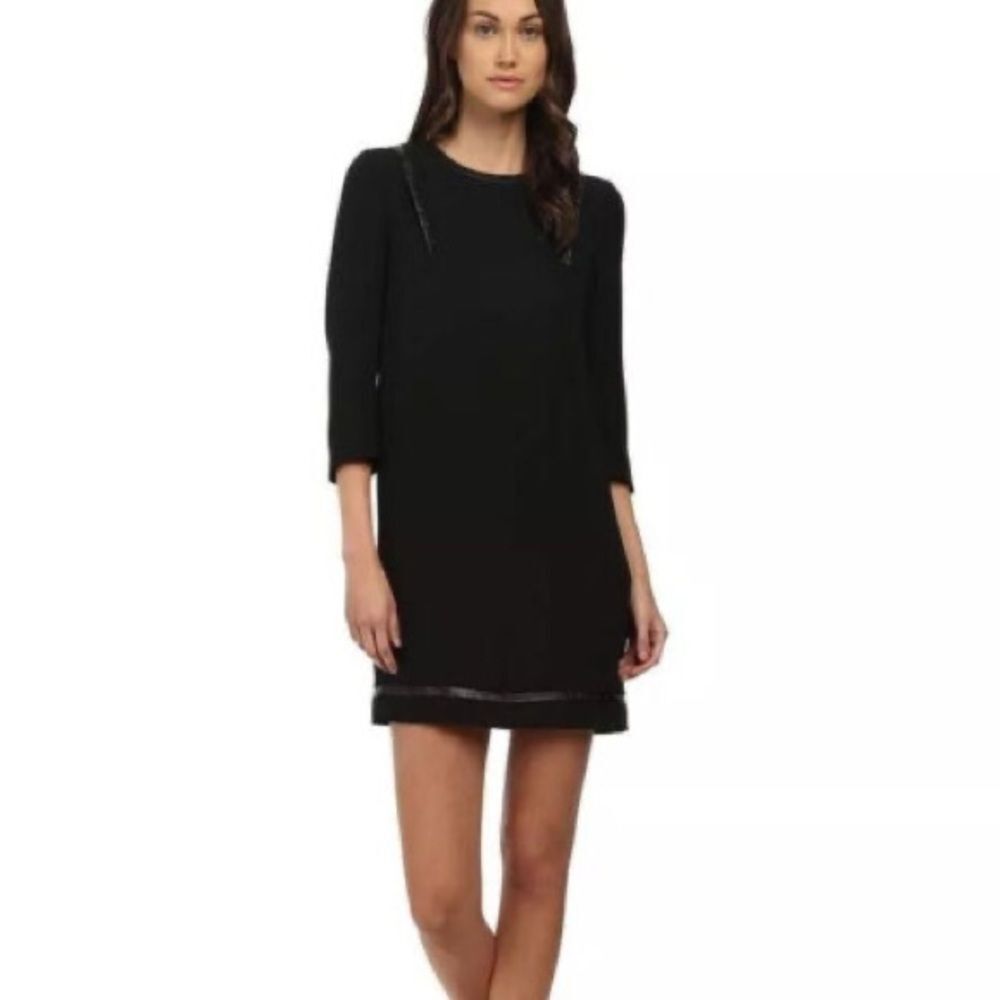 THE KOOPLES- Black Crepe Sheath Dress Vegan Leather Trim Rivets Size XS